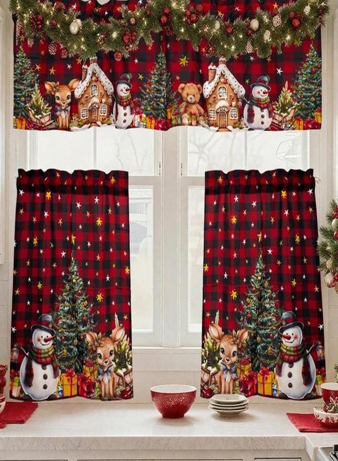bnhjsdw 3 Pieces Christmas Kitchen Curtains Set, Plaid & Snowflake & Holly Xmas Curtains for Kitchen - Light Filtering, Easy Install Red Valances for Christmas Window Decor - Image 1